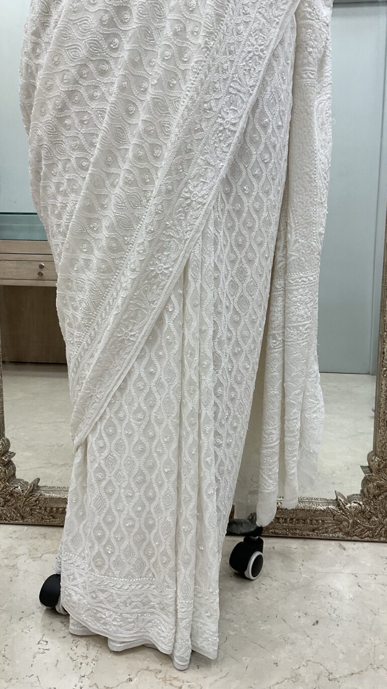 Pure Georgette Saree full jaal With  Heavy Cutdana and Heavy Sequence  White 01