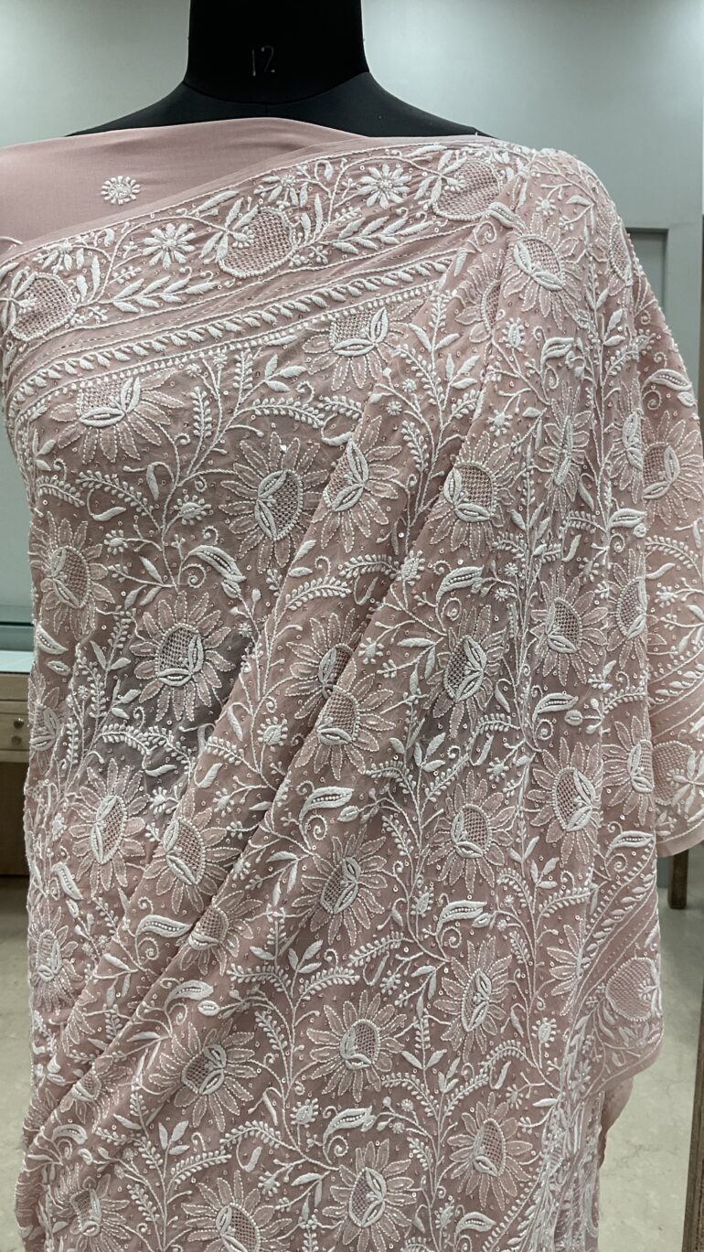 Do And Teen Tar Pure Georgette Saree Superfine Work full jaal with Multicolored Heavy Sequence Peach