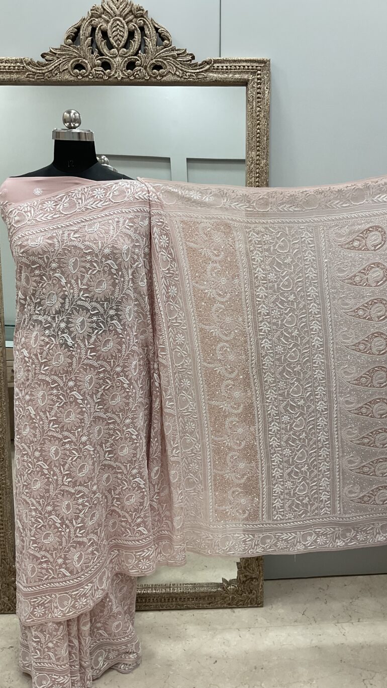 Do And Teen Tar Pure Georgette Saree Superfine Work full jaal with Multicolored Heavy Sequence Peach