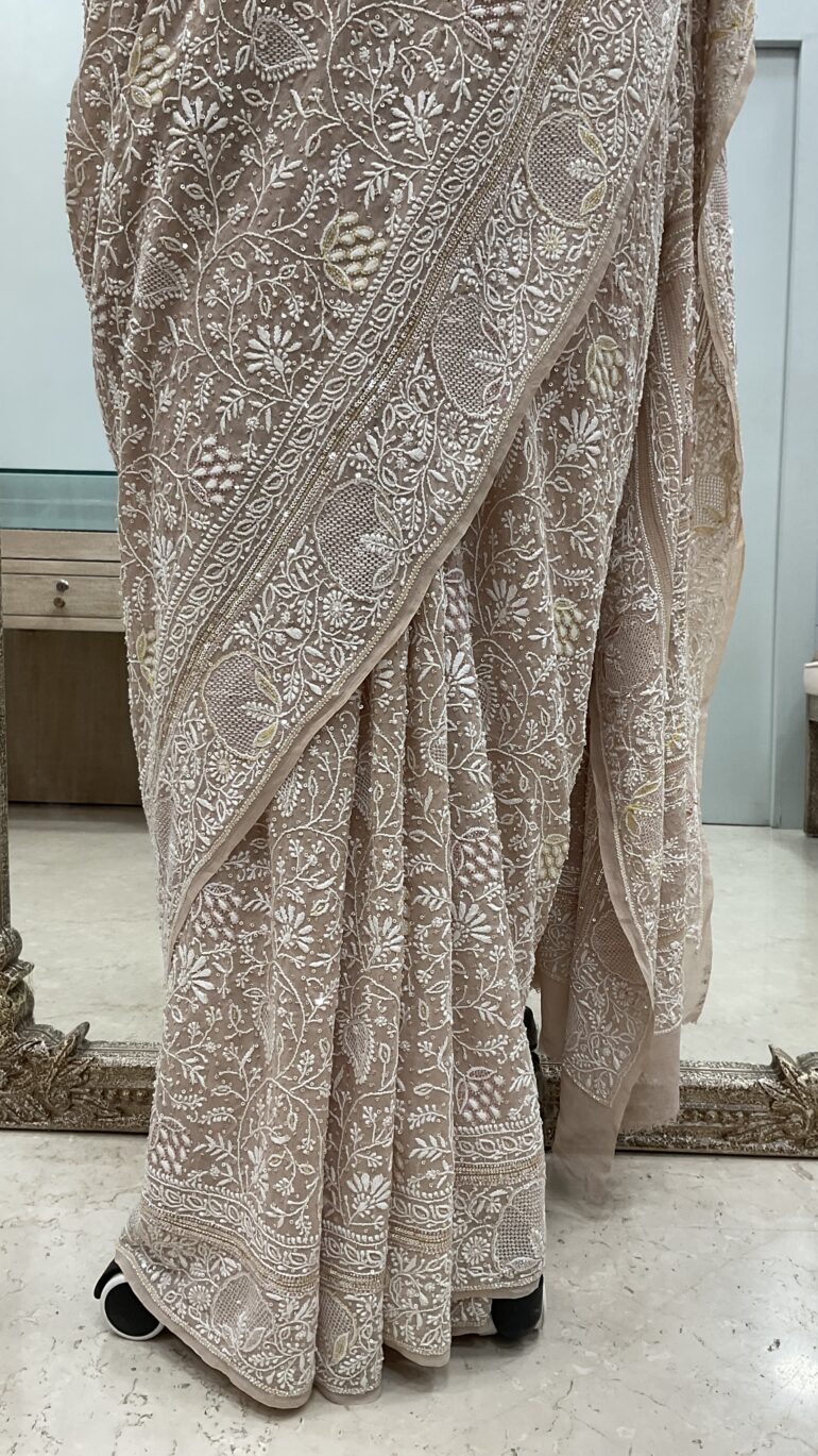 Do And Teen Tar Pure Georgette Saree Superfine Work full jaal with Multicolored Heavy Cutdana And Sequence Beige