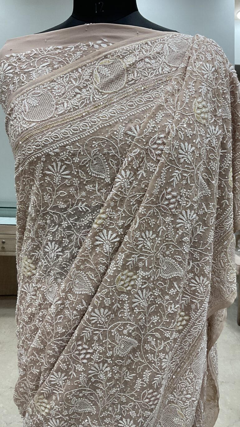 Do And Teen Tar Pure Georgette Saree Superfine Work full jaal with Multicolored Heavy Cutdana And Sequence Beige