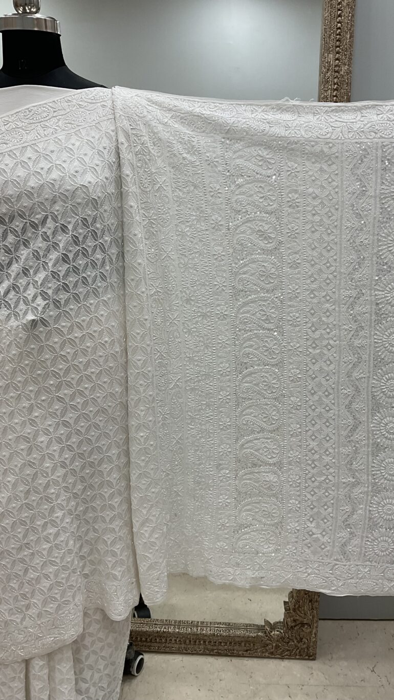 Pure Georgette Saree full jaal With  Heavy Cutdana and Heavy Sequence  White 03