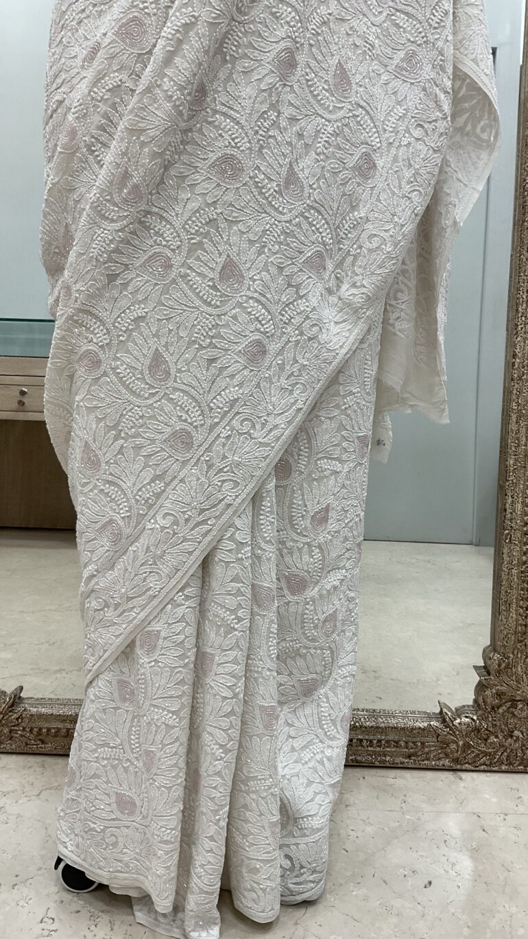 Pure Georgette Saree full jaal With  Heavy Cutdana and Heavy Sequence  White 04