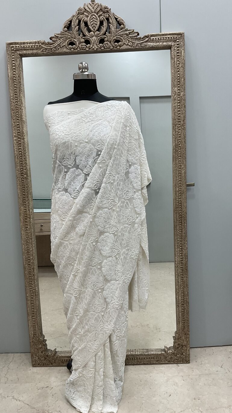 Pure Georgette Saree full jaal with Multicolored Heavy Pearl and Heavy Sequence White 07