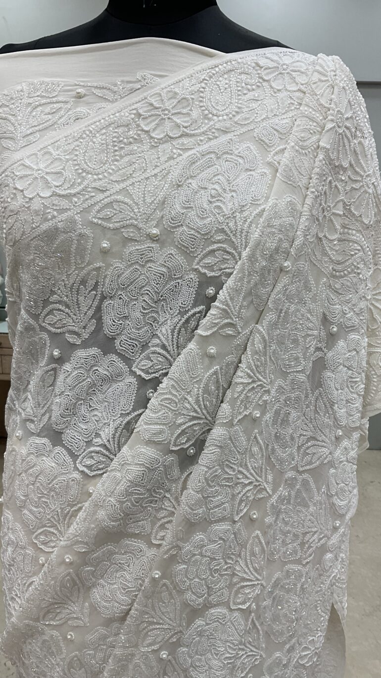 Pure Georgette Saree full jaal with Multicolored Heavy Pearl and Heavy Sequence White 07