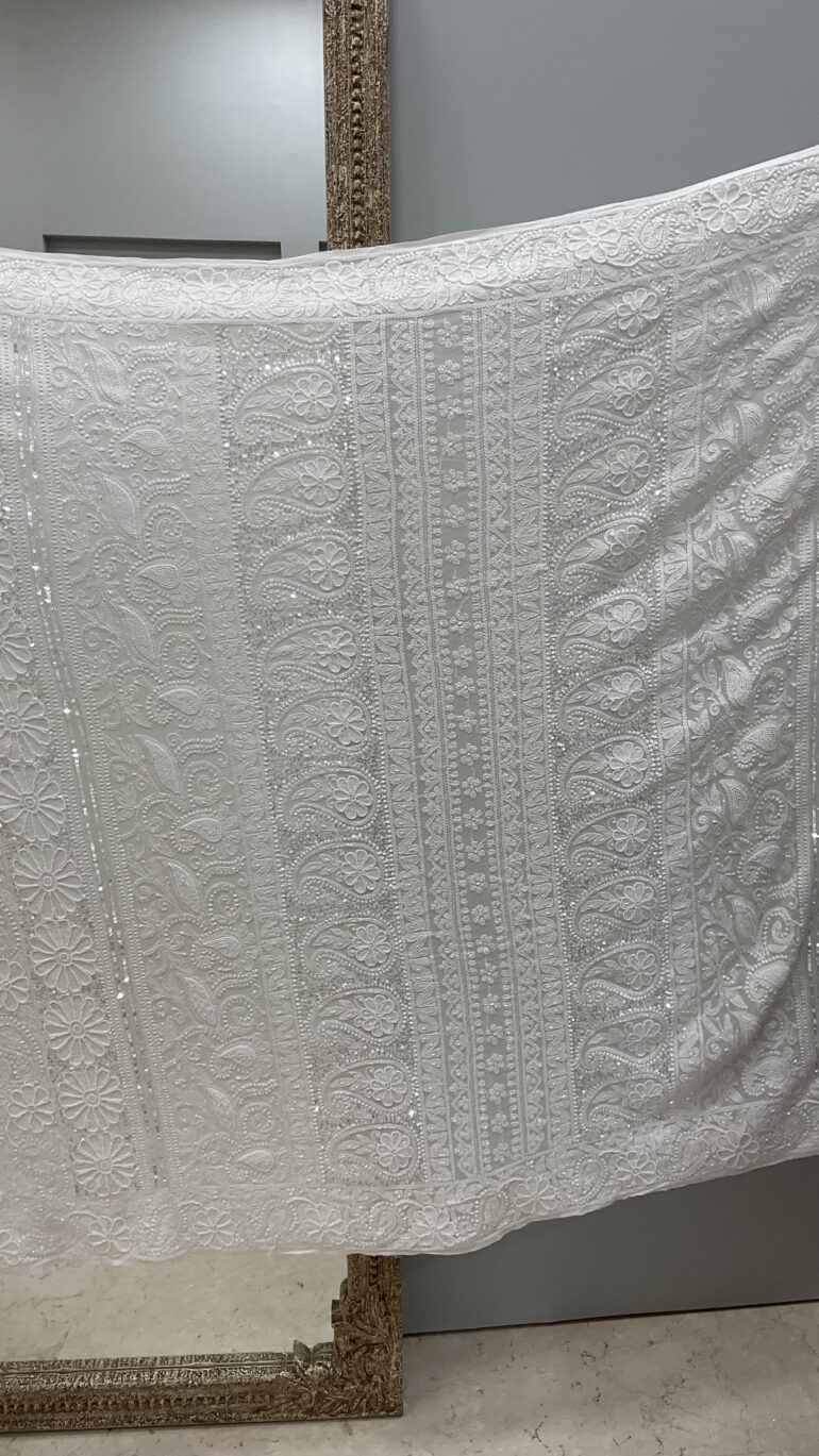 Pure Georgette Saree full jaal with Multicolored Heavy Pearl and Heavy Sequence White 07