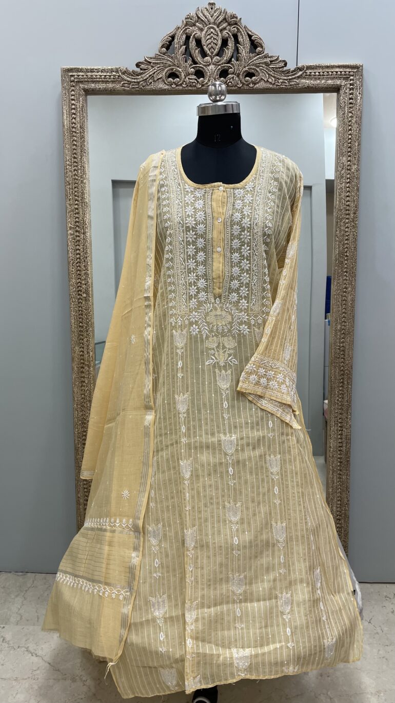 Pure Mul Cotton Semistiched Straight Pearl And Addon Work With Dupatta Yellow
