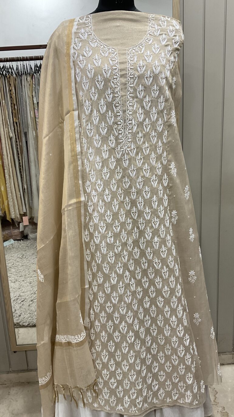 golden Tissue Semistitched with Heavy Pearl and Cutdana Work Golden Beige 35