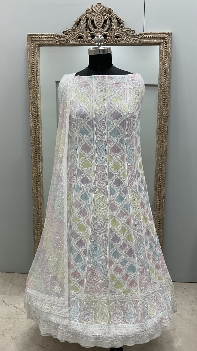 Pure Georgette Anarkali Heavy Pearl, Multi Coloured Cutdana and Sequence Off White