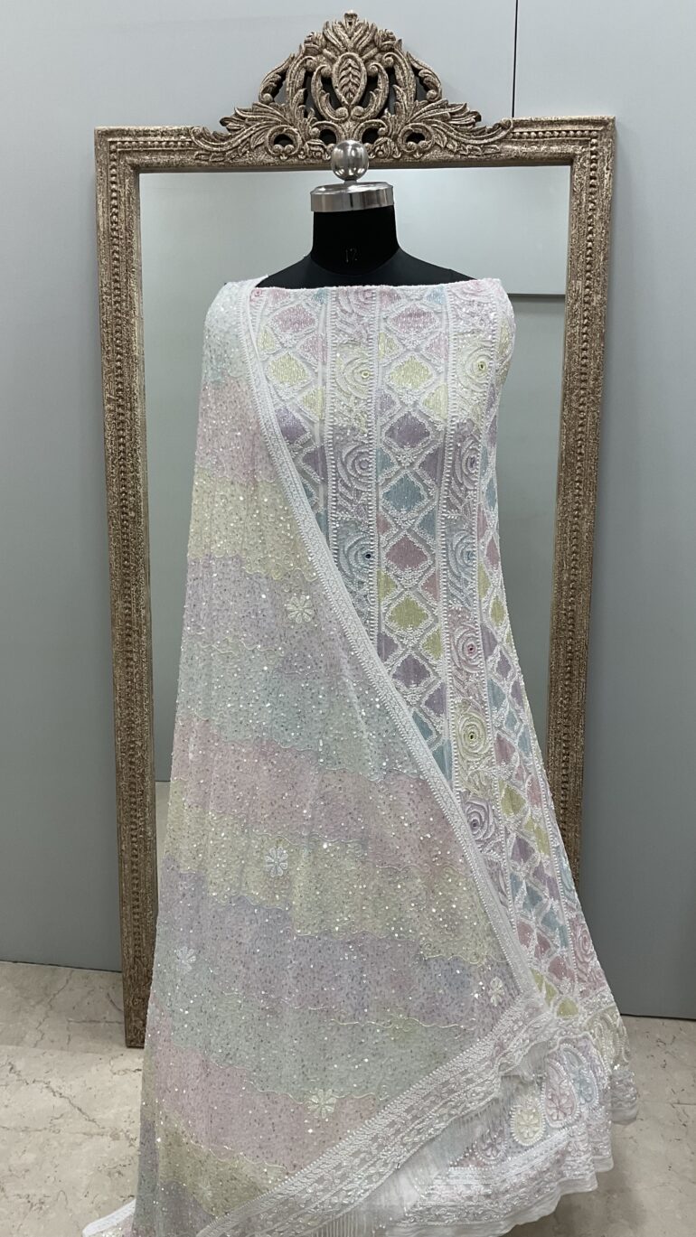 Pure Georgette Anarkali Heavy Pearl, Multi Coloured Cutdana and Sequence Off White