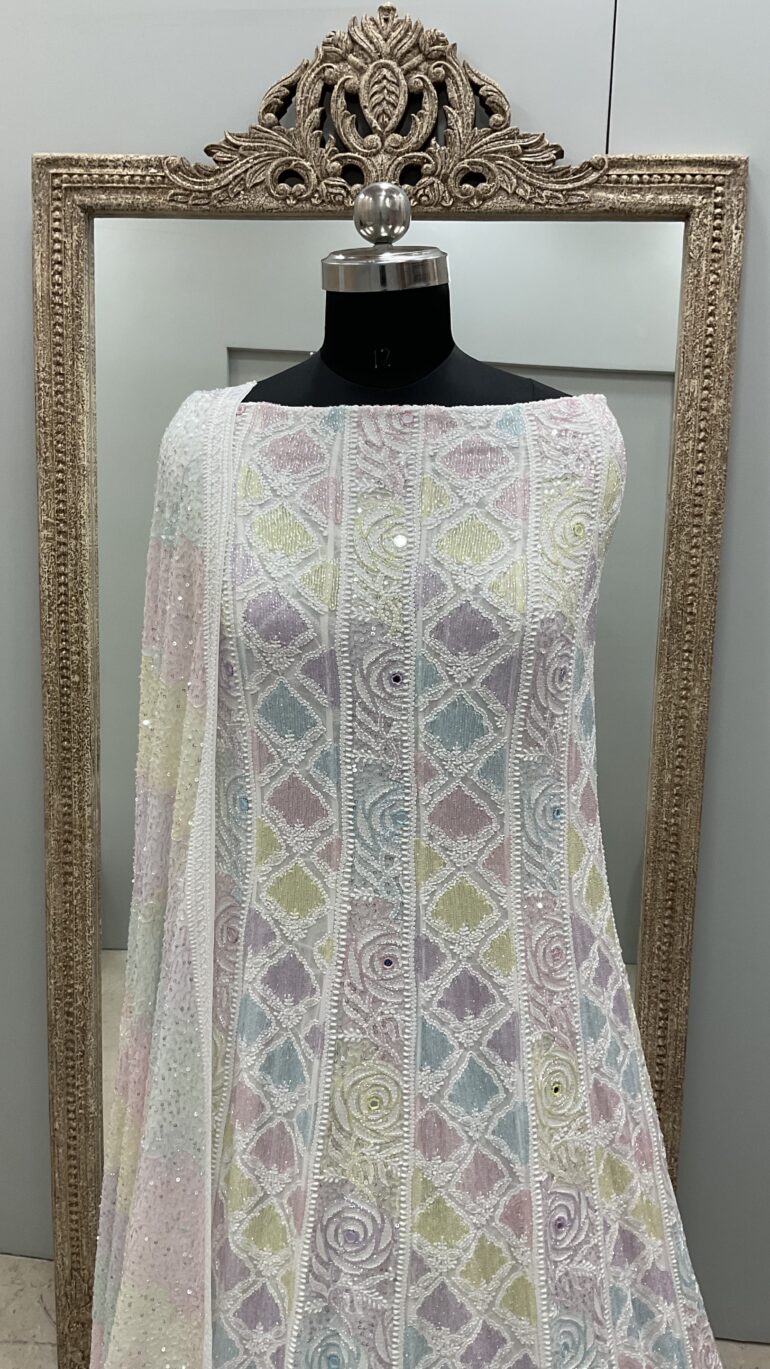 Pure Georgette Anarkali Heavy Pearl, Multi Coloured Cutdana and Sequence Off White