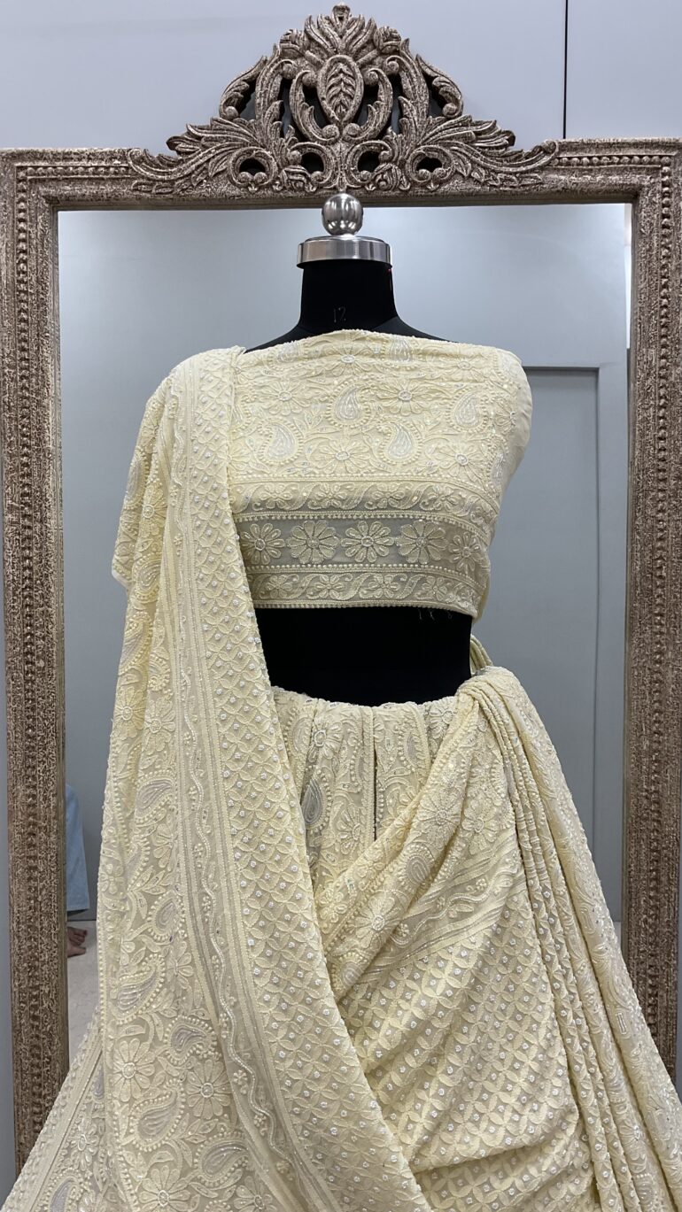 Semi Georgette Heavy Pearl and Sequence Work Yellow