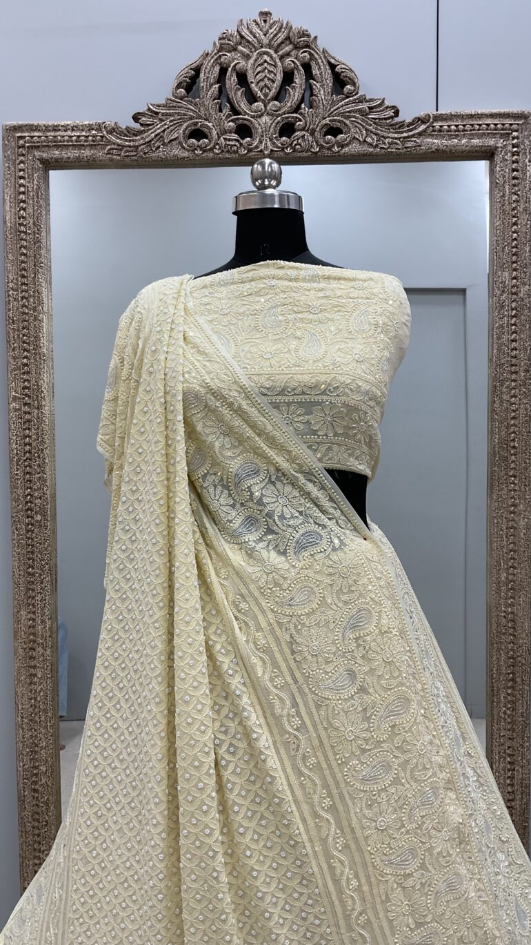 Semi Georgette Heavy Pearl and Sequence Work Yellow