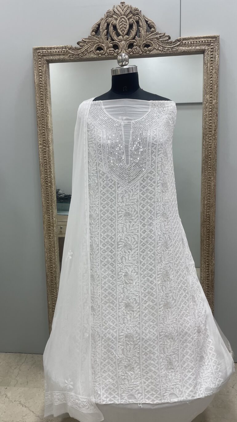 Georgette Straight Cutdana with Sequence Gala White 02