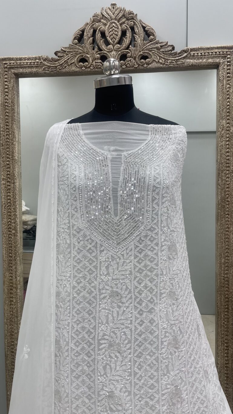 Georgette Straight Cutdana with Sequence Gala White 02