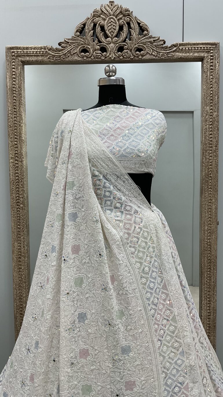 Pure Georgette Heavy Multicolored Cutdana and Pearl Offwhite