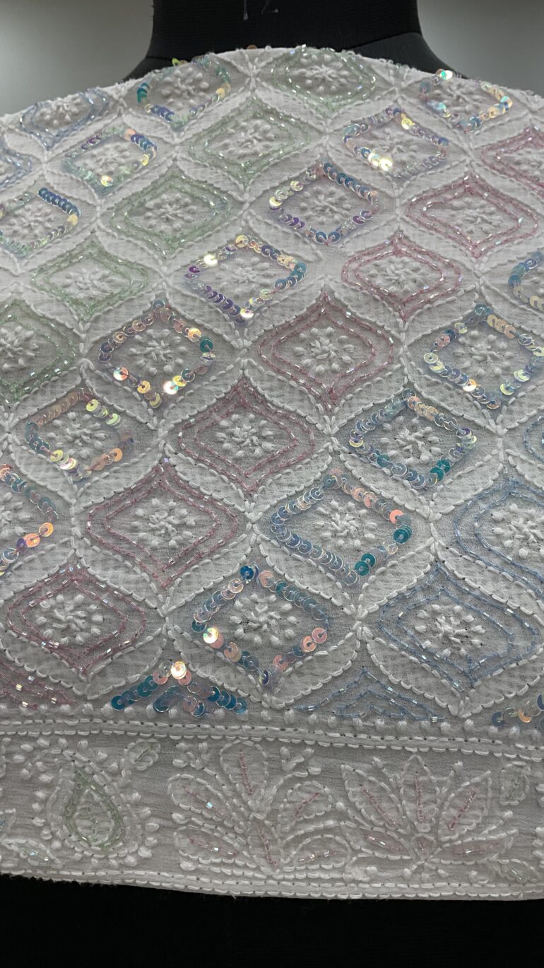 Pure Georgette Heavy Multicolored Cutdana and Pearl Offwhite