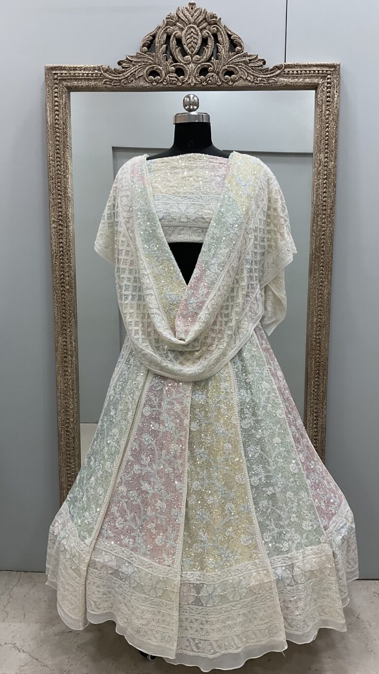 Pure Georgette Heavy Multicolored Pearl and Sequence Work Off White