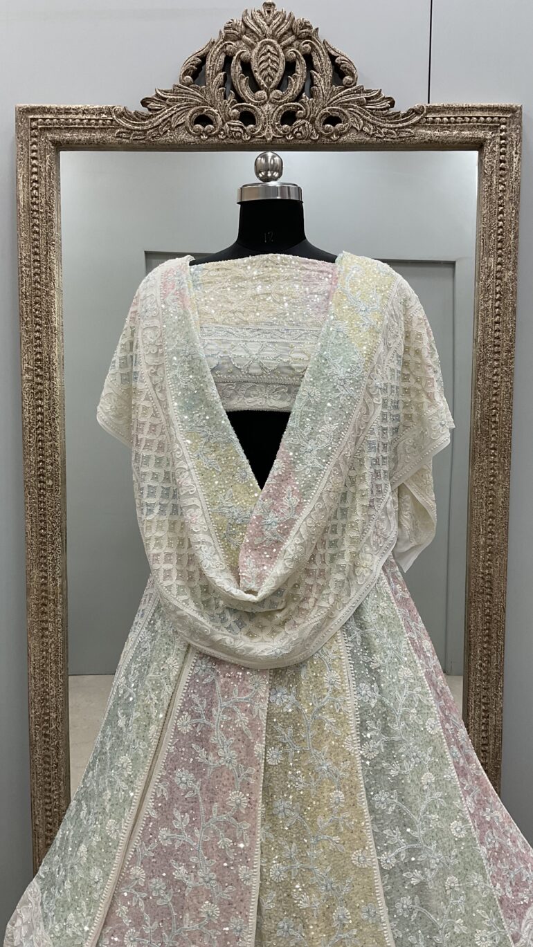 Pure Georgette Heavy Multicolored Pearl and Sequence Work Off White