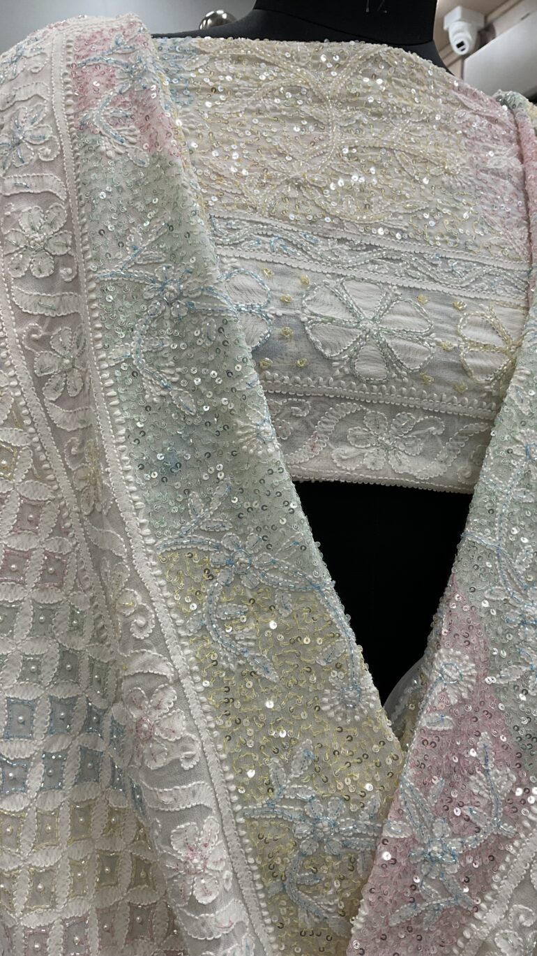 Pure Georgette Heavy Multicolored Pearl and Sequence Work Off White