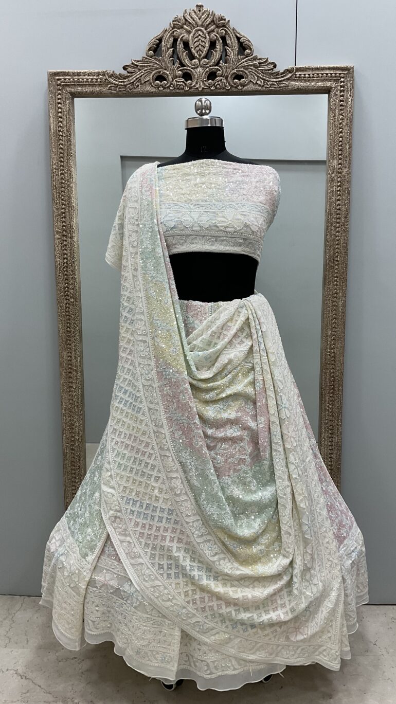 Pure Georgette Heavy Multicolored Pearl and Sequence Work Off White