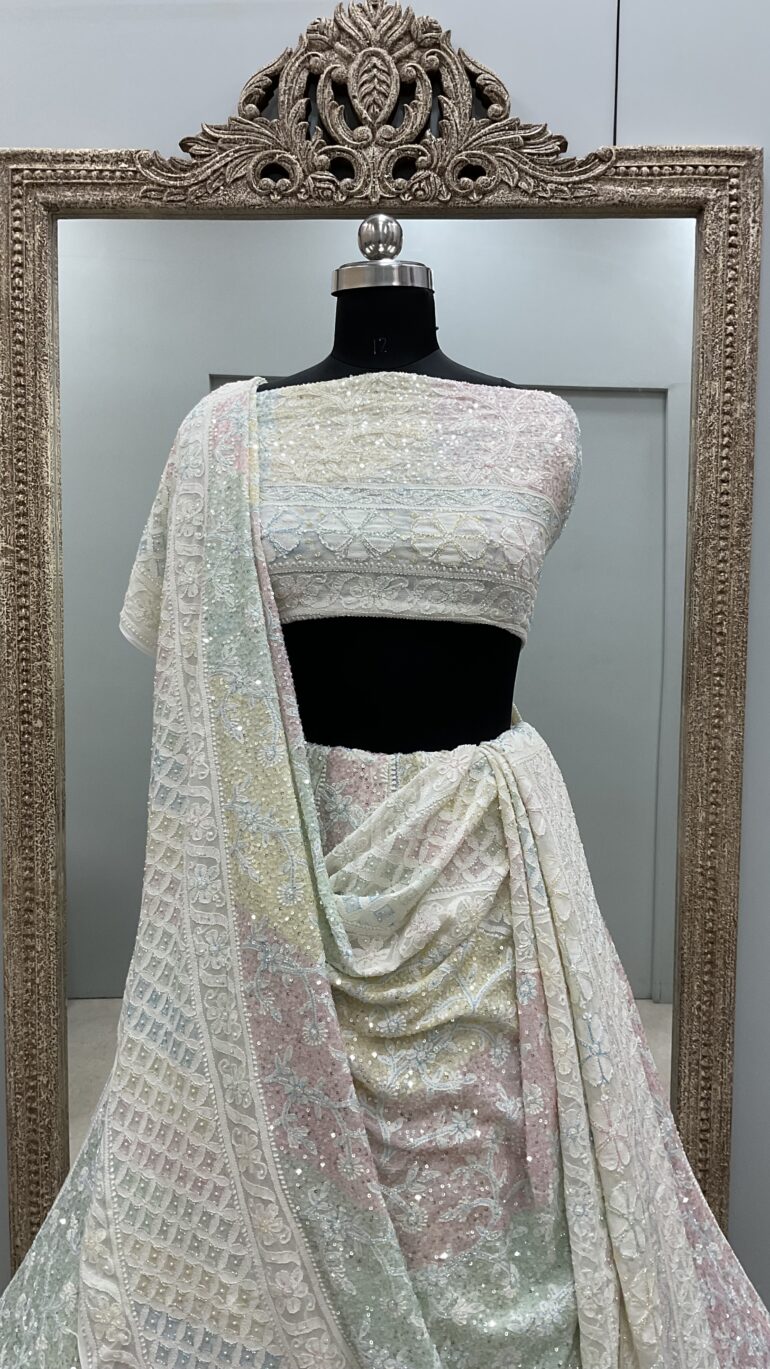 Pure Georgette Heavy Multicolored Pearl and Sequence Work Off White
