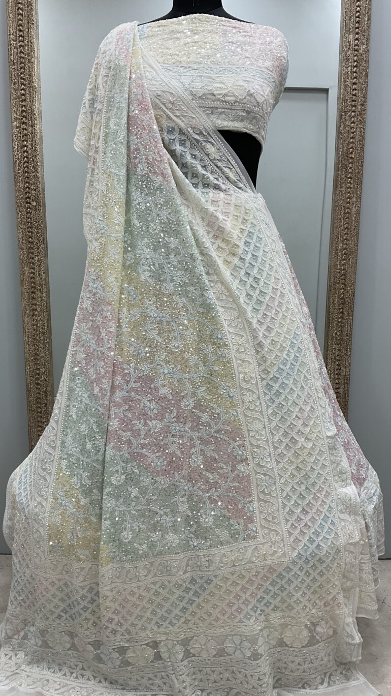 Pure Georgette Heavy Multicolored Pearl and Sequence Work Off White