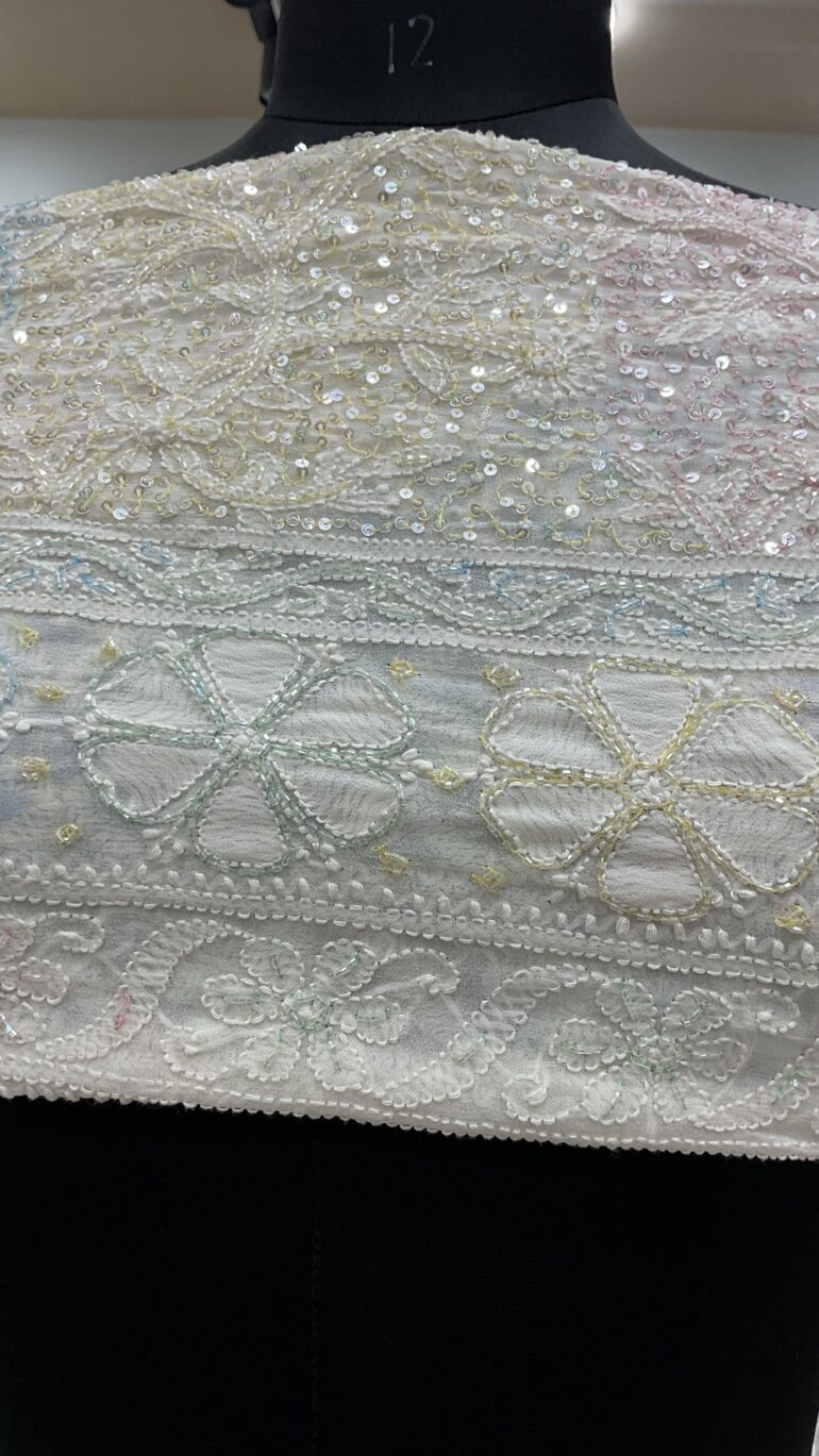 Pure Georgette Heavy Multicolored Pearl and Sequence Work Off White