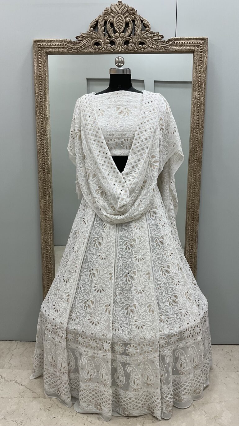 Georgette Lehenga Heavy Mirror and Gota Golden White