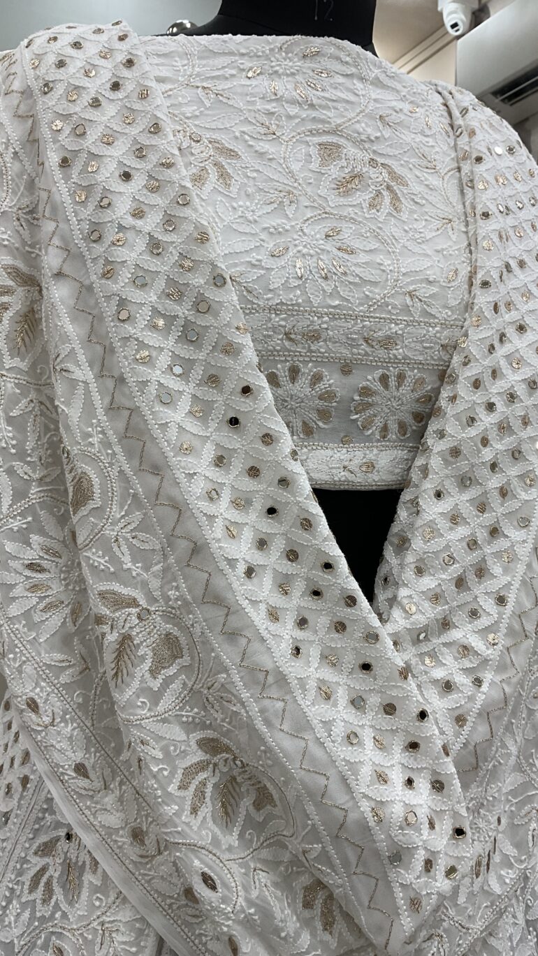 Georgette Lehenga Heavy Mirror and Gota Golden White