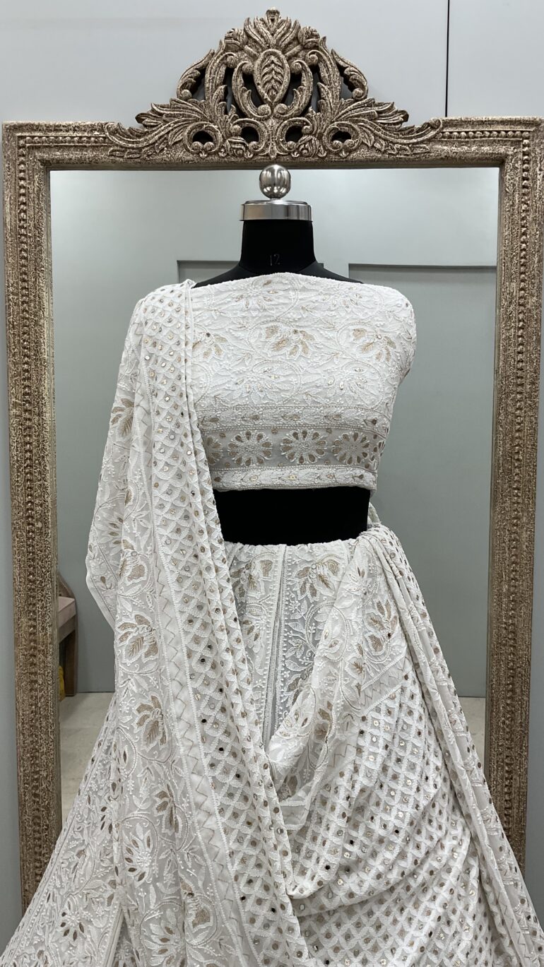 Georgette Lehenga Heavy Mirror and Gota Golden White