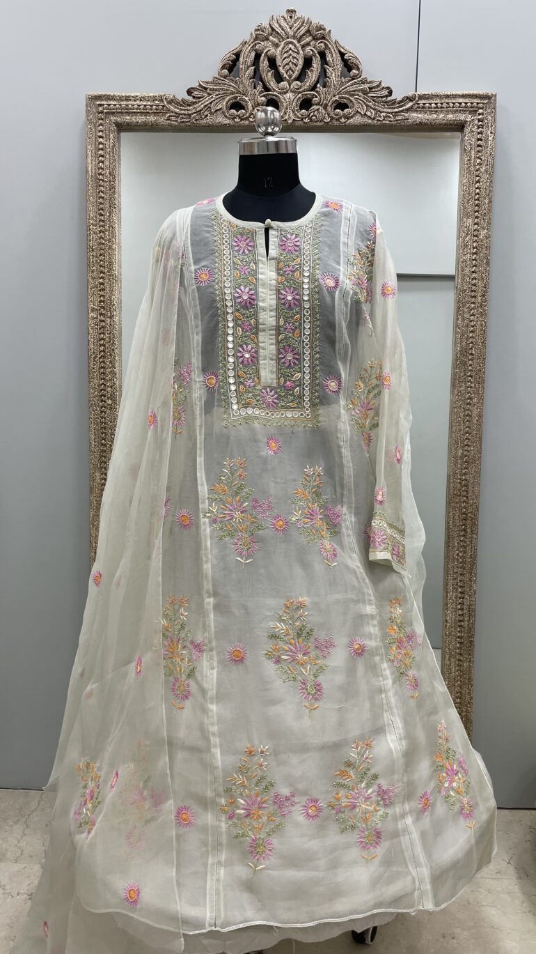 Pure Organza Semistiched Straight Parsi Work With Shirt And Dupatta Ligth Green