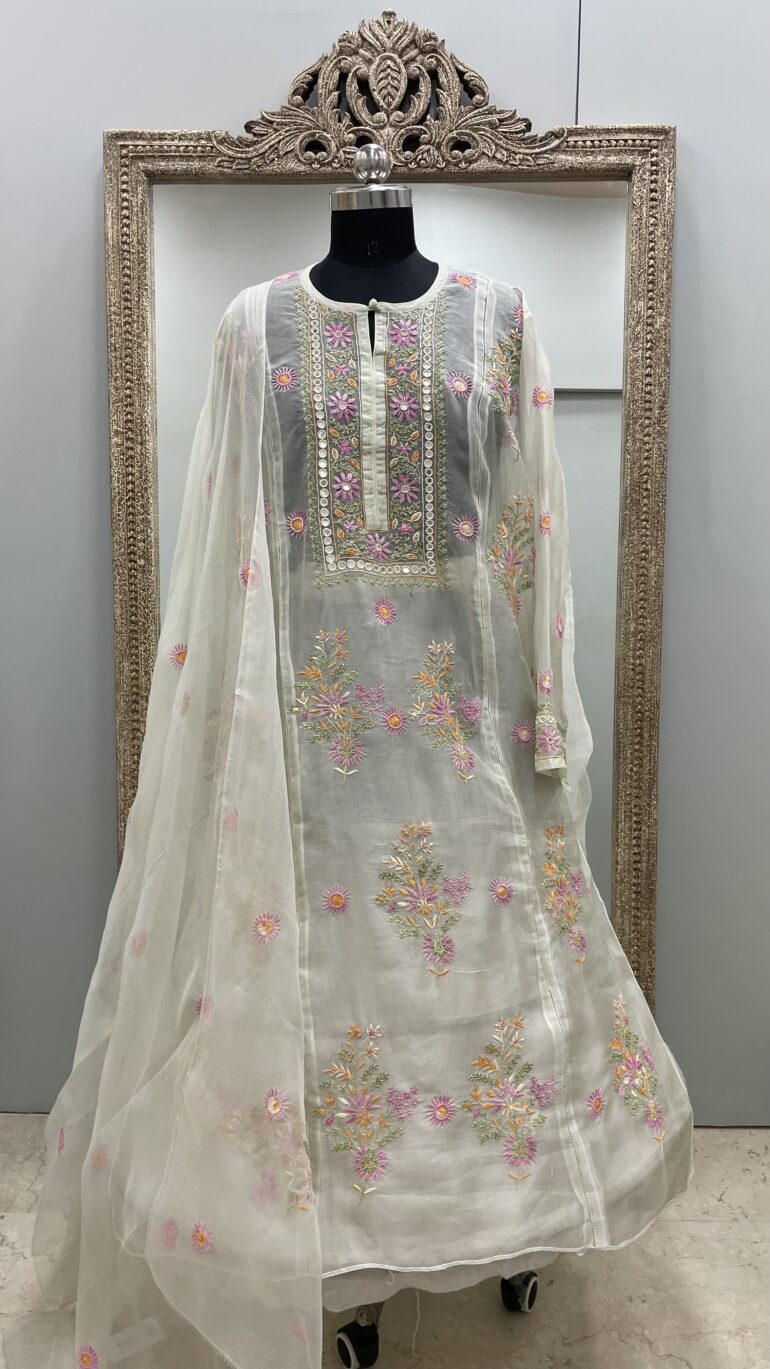 Pure Organza Semistiched Straight Parsi Work With Shirt And Dupatta Ligth Green