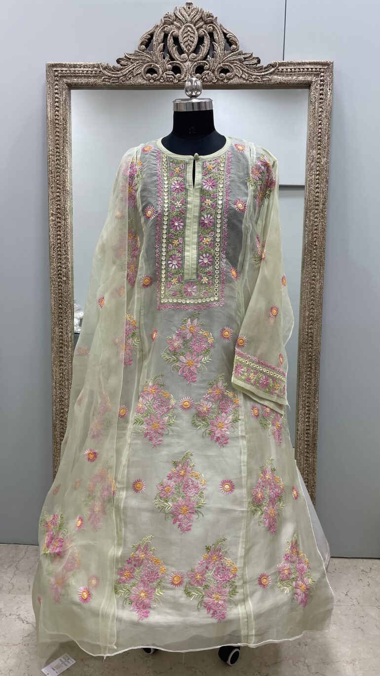 Pure Organza Semistiched Straight Parsi Work With Shirt And Dupatta  Green
