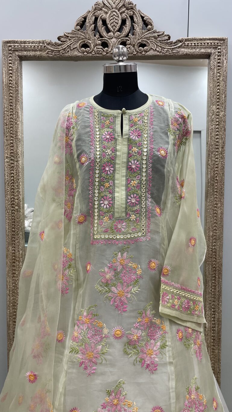 Pure Organza Semistiched Straight Parsi Work With Shirt And Dupatta  Green
