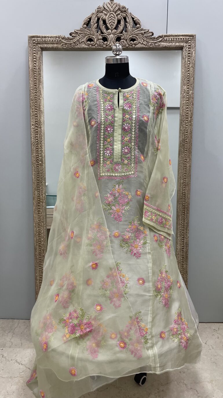 Pure Organza Semistiched Straight Parsi Work With Shirt And Dupatta  Green