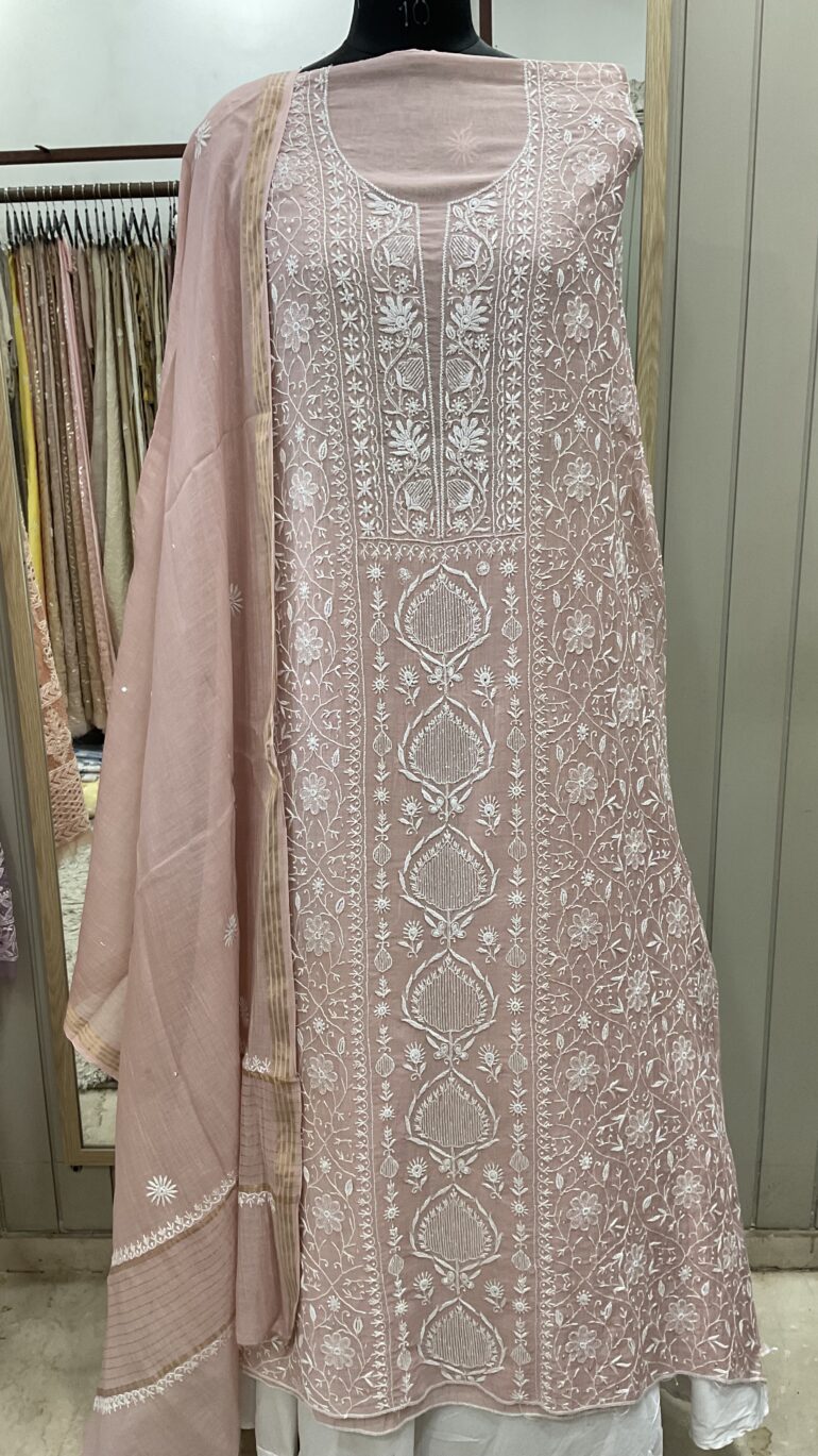 Pure Mul Cotton Straight Pearl And Addon Work With Dupatta Onion Pink