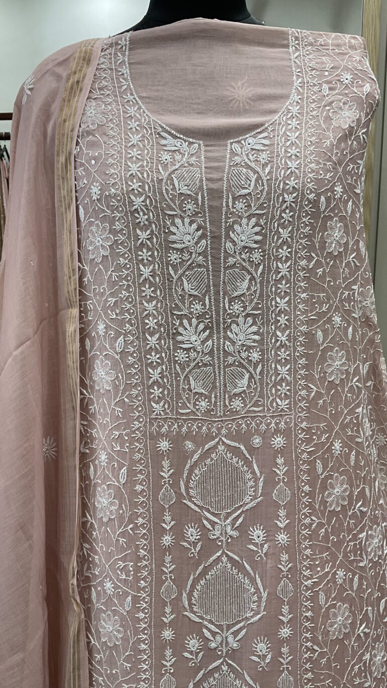 Pure Mul Cotton Straight Pearl And Addon Work With Dupatta Onion Pink