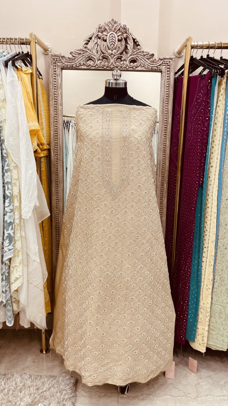 Gents Kurta Pure Chanderi Front Jaal Heavy Cutdana and Pearl Golden Brown