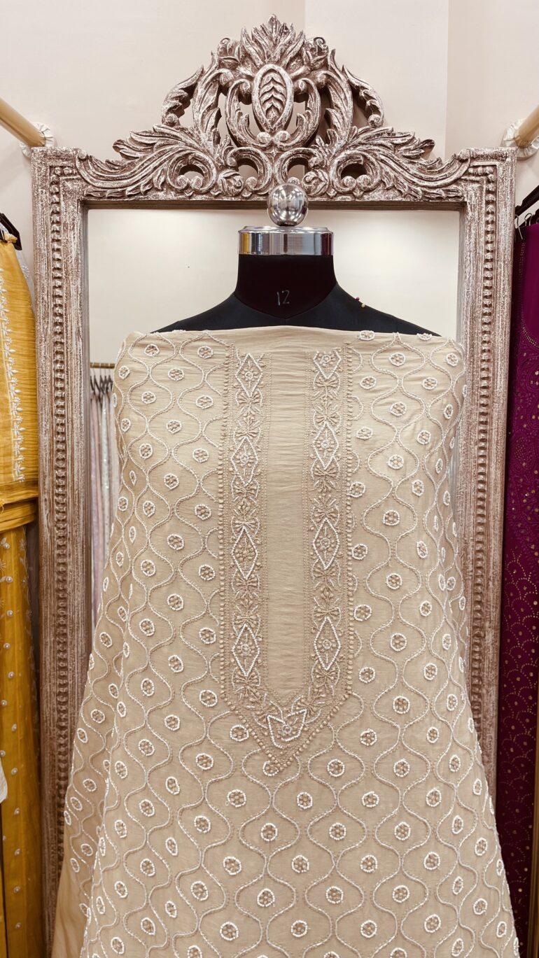 Gents Kurta Pure Chanderi Front Jaal Heavy Cutdana and Pearl Golden Brown