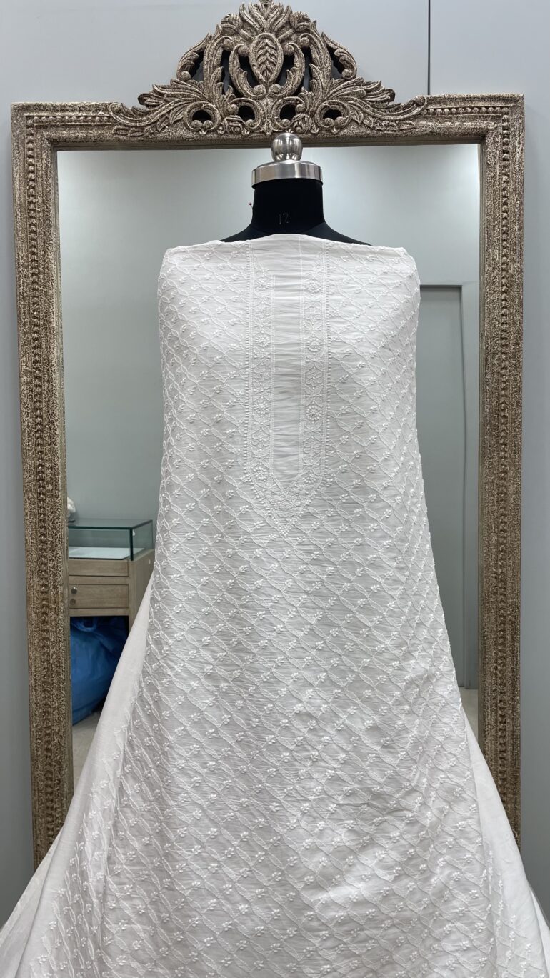 Gents Kurta Pure Chanderi Front Jaal White 02