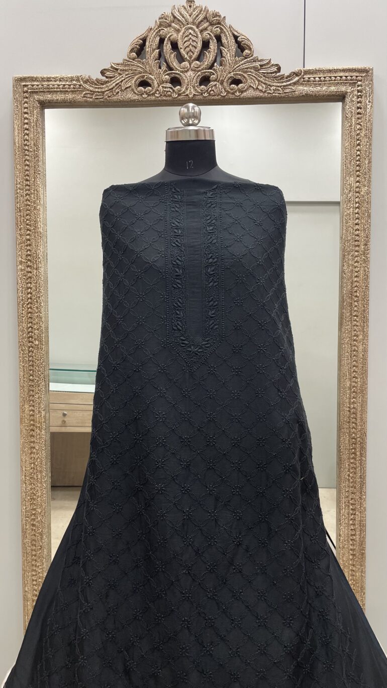 Gents Kurta Pure Chanderi Front Jaal Black