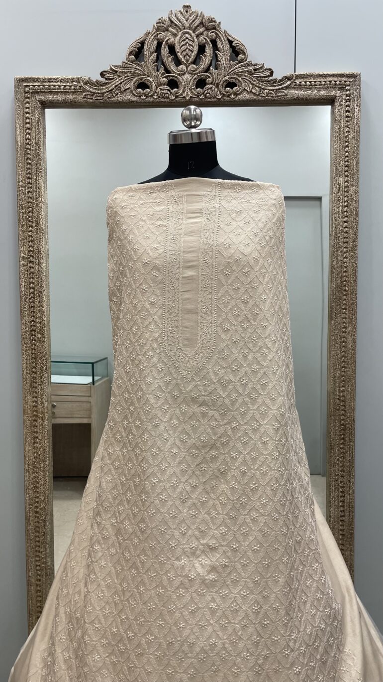 Gents Kurta Pure Chanderi Front Jaal Powder Beige