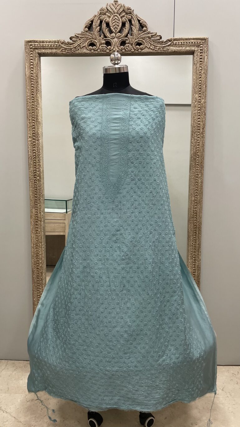 Gents Kurta Pure Chanderi Front Jaal Peacock Blue