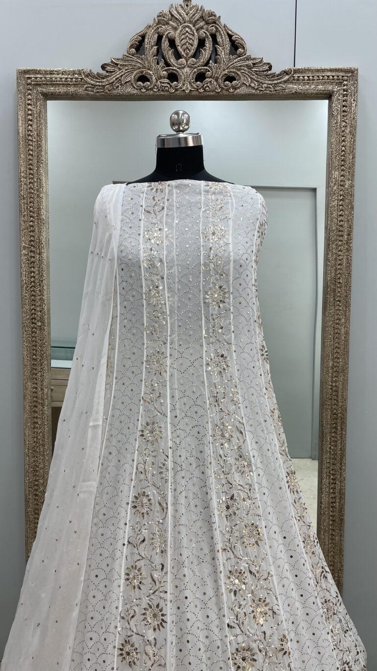 Pure Georgette Badla Mukaish Anarkali and Dupatta Off White 02