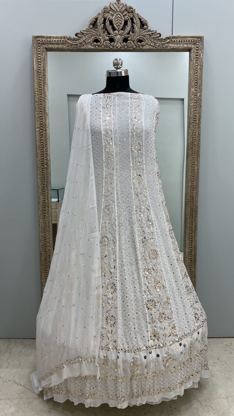 Pure Georgette Badla Mukaish Anarkali and Dupatta Off White 02