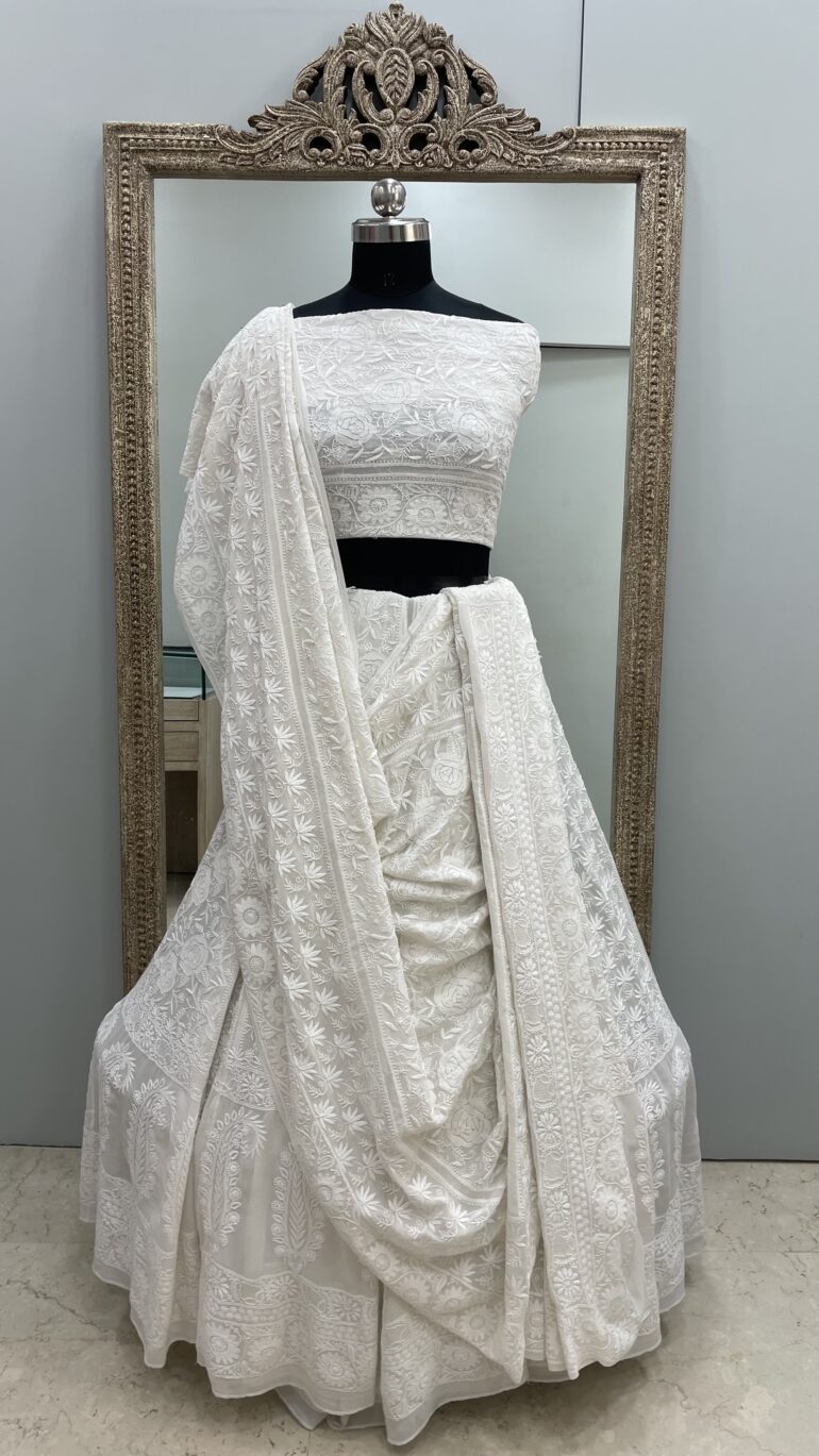Pure Georgette Superfine Designer Lehenga Heavy Chickankari  Embroidery Off White 001