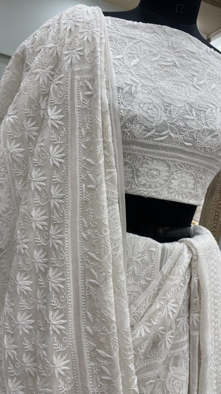 Pure Georgette Superfine Designer Lehenga Heavy Chickankari  Embroidery Off White 001