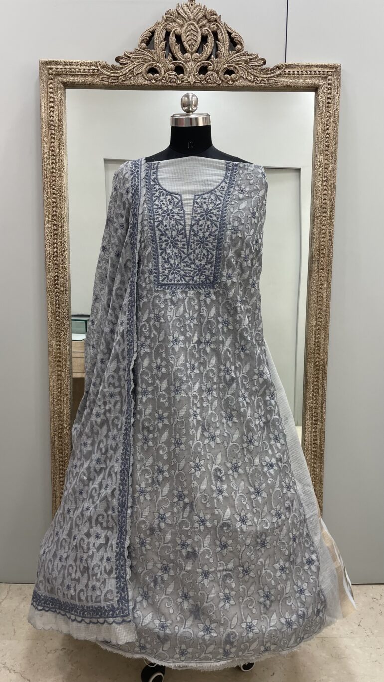 Pure Mul Cotton With Net Patch Work Straight Heavy Dupatta Grey