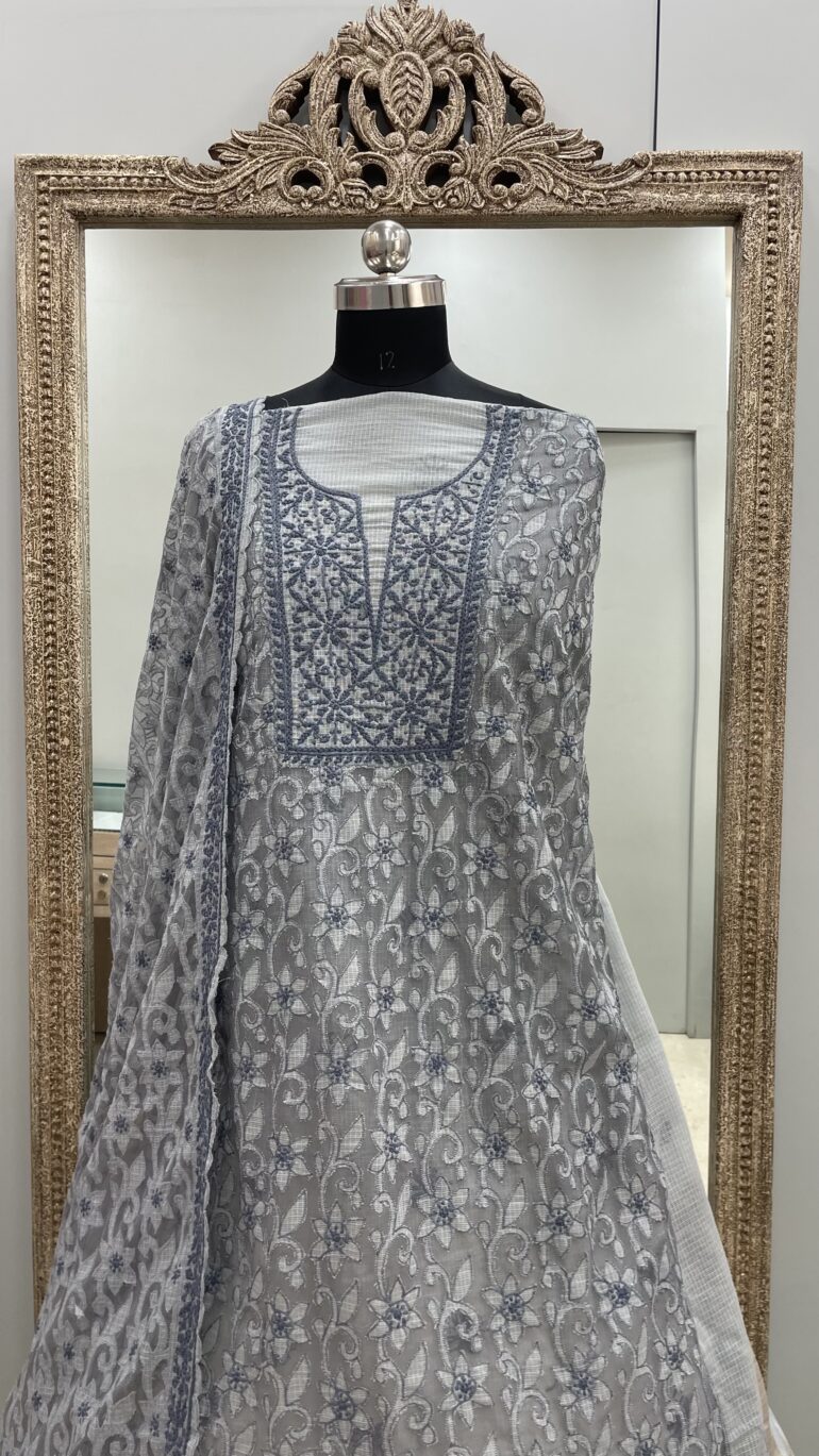 Pure Mul Cotton With Net Patch Work Straight Heavy Dupatta Grey